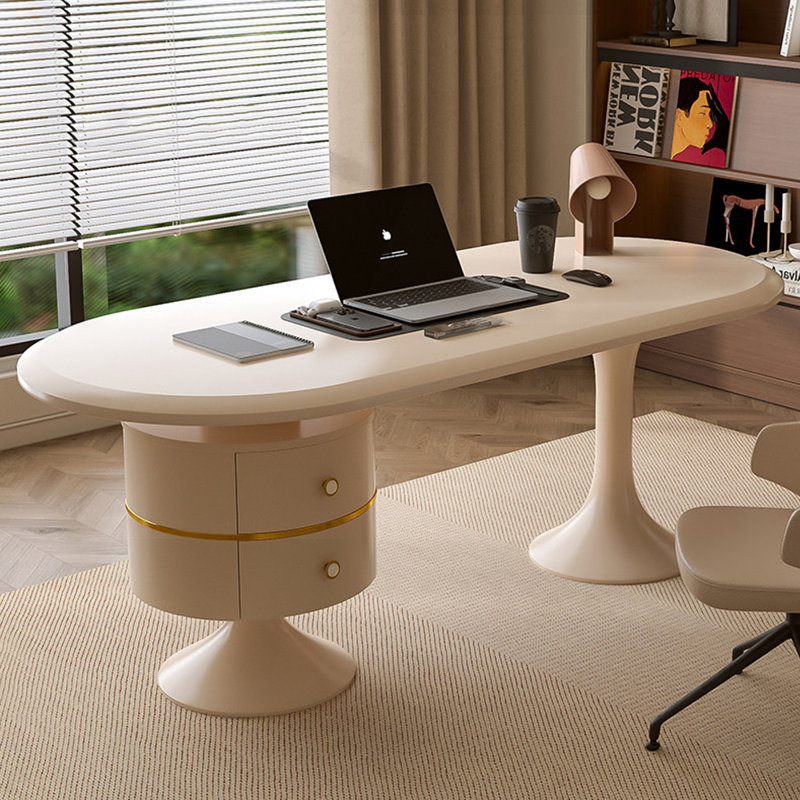 Bureau ovale en bois manufacturé beige avec 2 tiroirs, 29.53"H×62.99"L×23.62"W, Left, Beige