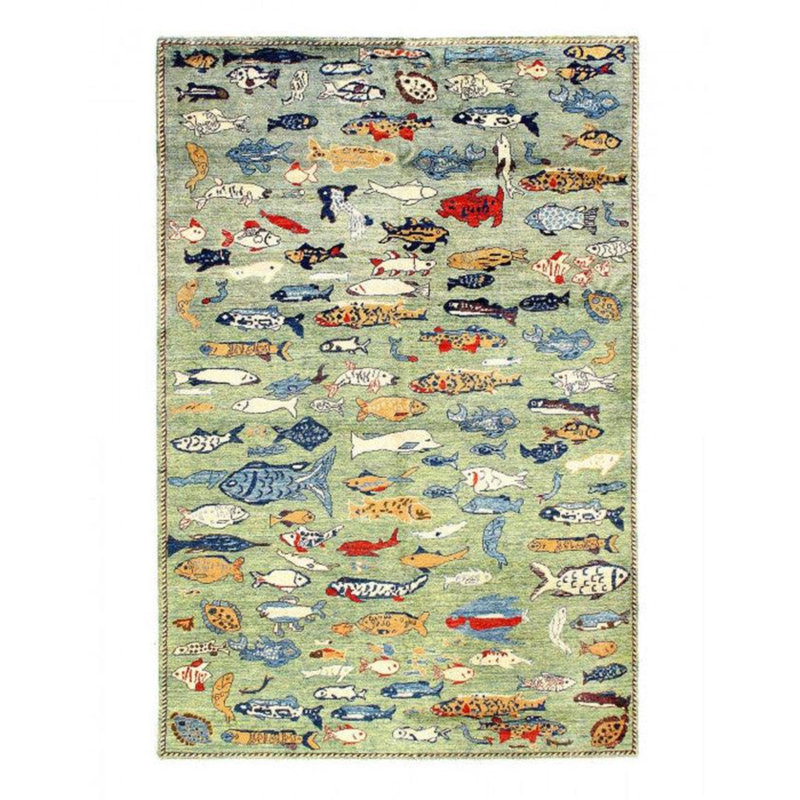 Tapis géométrique en laine / coton géométrique fait à la main 5 pi x 8 pi bleu / blanc / beige
