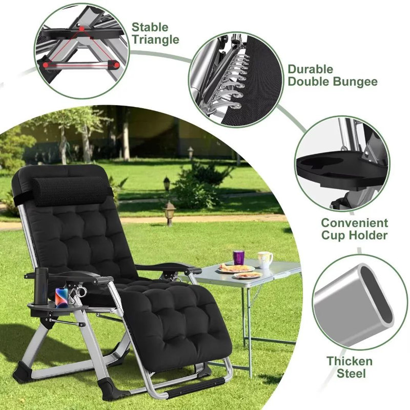 Fauteuil zéro gravité, fauteuil inclinable pliable avec coussin, appui-tête et porte-gobelet, Noir