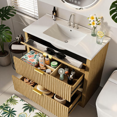 Meuble-lavabo de salle de bain cannelé naturel 36 po avec lavabo, meuble-lavabo de salle de bain autoportant Farmhouse avec 2 tiroirs et 1 tiroir rabattable, assemblage et nettoyage faciles.