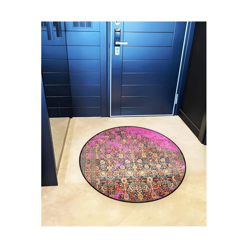Pink Detailed Antique Patterned Woven Base Modern Decorative Carpet, Round 2'8"