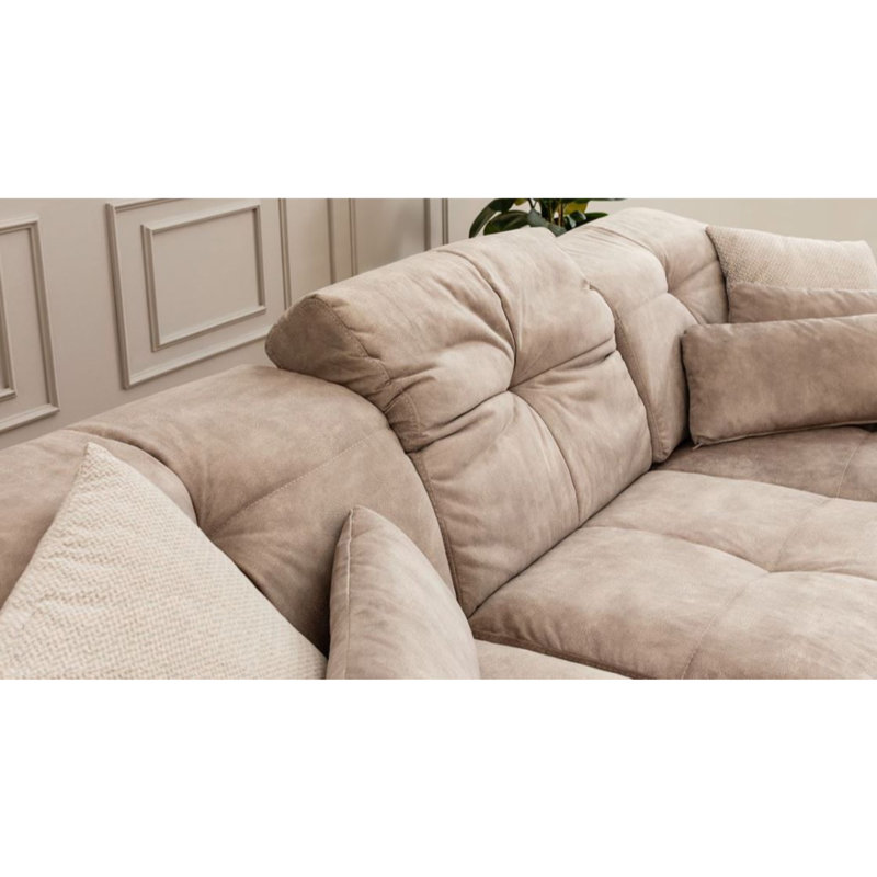 Élégant canapé d'angle avec dossier réglable, structure en bois de hêtre et tissu 100% polyester, 74,8 x 119,6 x 36,2 pouces | Comprend 5 coussins, nettoyage à sec, pieds robustes en métal noir mat, mousse gris doux | Design écru moderne pour le salon