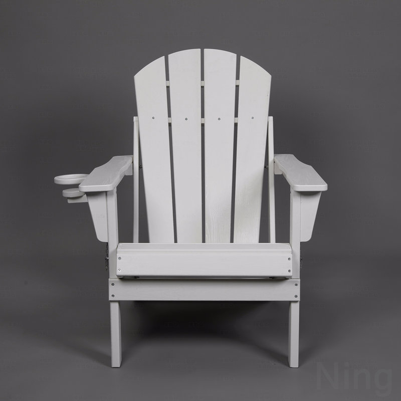Outdoor Adirondack Chair, Foldable With Dual Cup Holder, Composite Material With Wood Texture, White