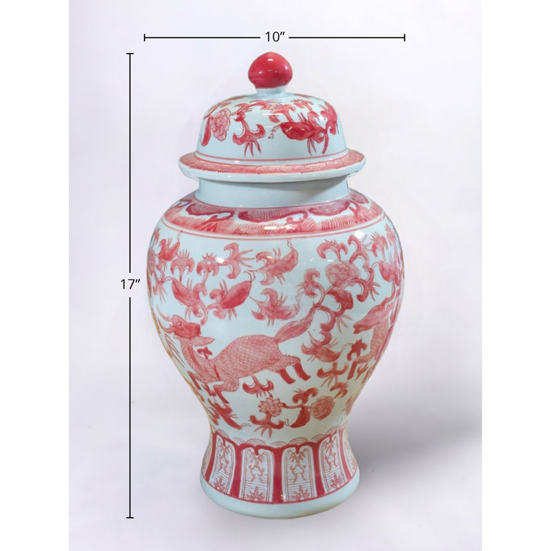 17" Porcelain Ginger Jar with Chinoiserie Deer Design, Red