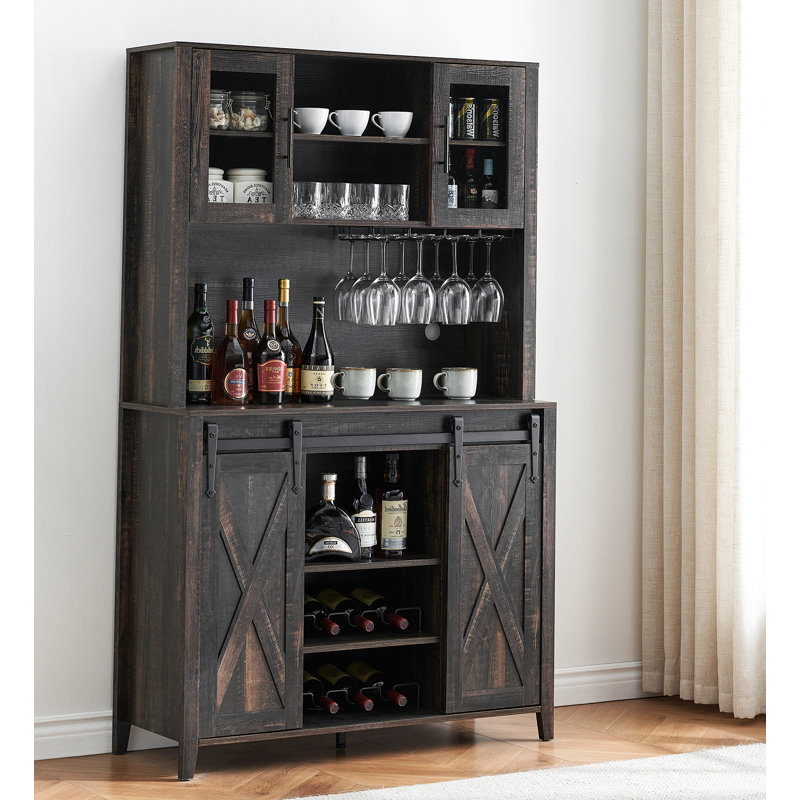69.6'' Tall Farmhouse Coffee Bar Cabinet, 6 Bottle Wine Rack And 12 Stemware Slots, Dark Oak