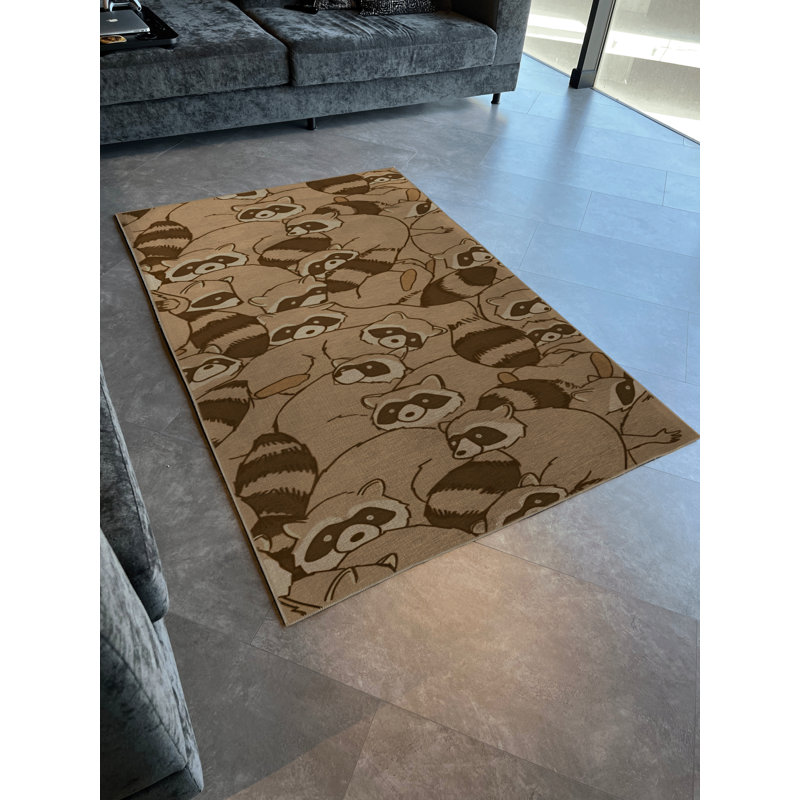 Tapis décoratif moderne à motif raton laveur brun, Rectangle 4 pi 11 po x 7 pi 6 po