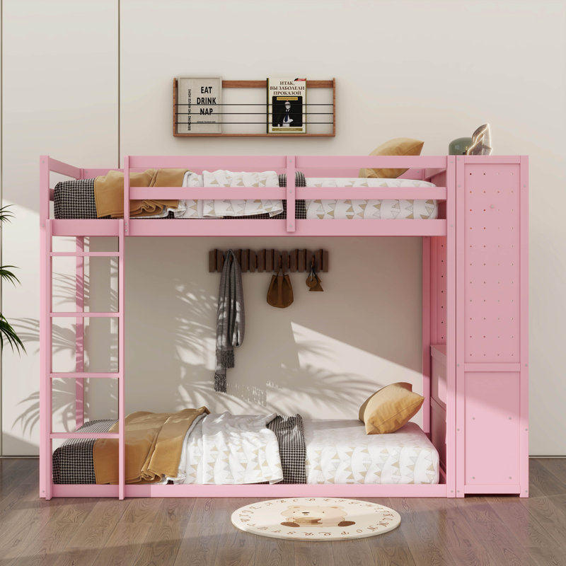Twin Size Bunk Bed With 4 Storage Drawers, Hanging Rod, Light Bar, Integrated Shelves & Dual Ventilated Panels, Pink