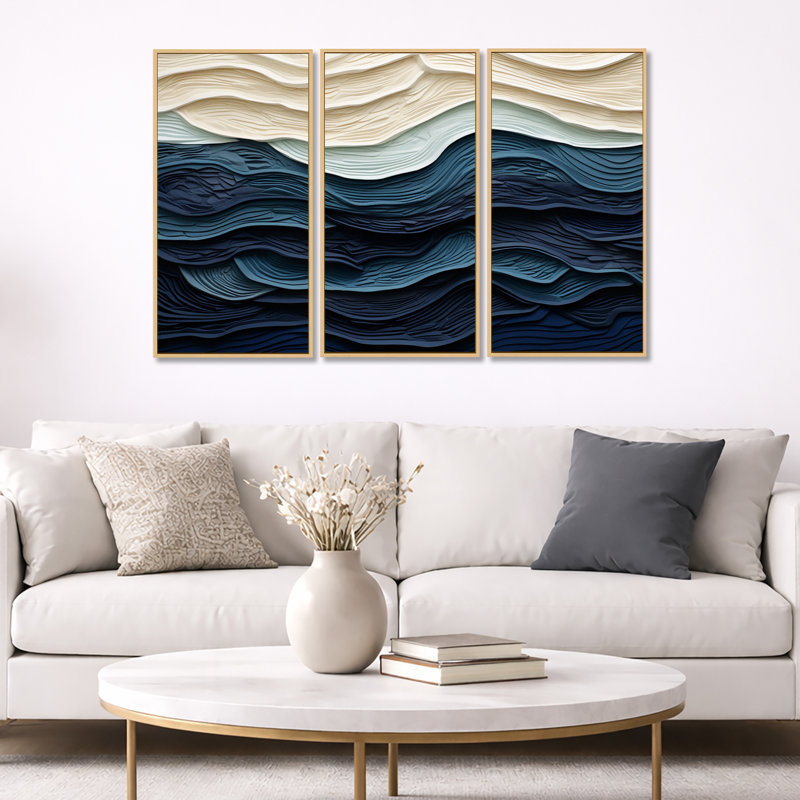 Bord de mer bleu et blanc - art mural minimaliste côtier, Cadre flottant noir, H 32 po x l 48 po x P 1 po