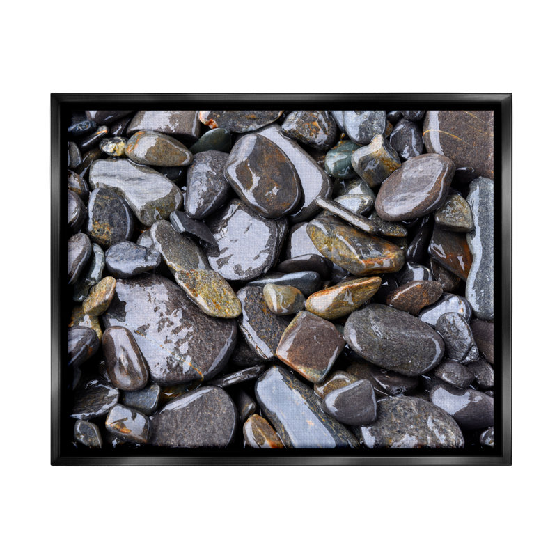 «Coastal Beach Pebbles Rocks Floater», art mural par Savanah Plank, Cadre flottant noir de jais, H 17 po x l 21 po x P 1,7 po