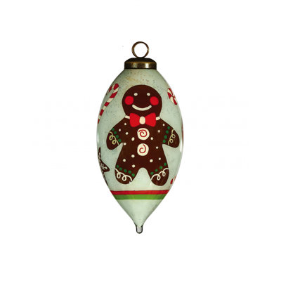 Festive Glitter Gingerbread Man Hand Painted Mouth Blown Glass Ornament