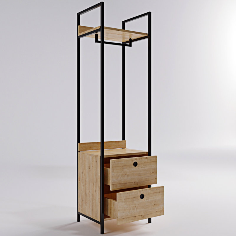 Armoire moderne en chêne avec 2 tiroirs et tablettes multiples, 19,7 po x 70,9 po x 15,7 po | Panneau de particules 100% enduit de mélamine | Pieds électrostatiques en métal thermolaqué | Design mural, élégant et fonctionnel