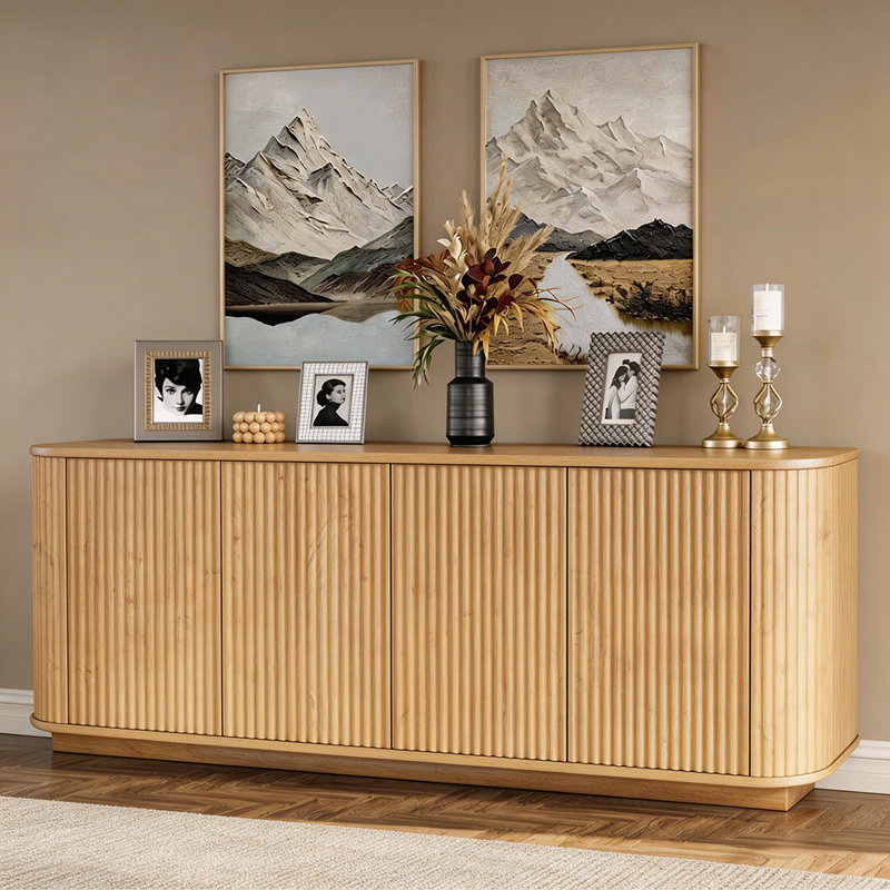 Buffet 4 portes à rayures verticales Ebern Designs, Bois naturel, H 24 po x l 64 po x P 15 po