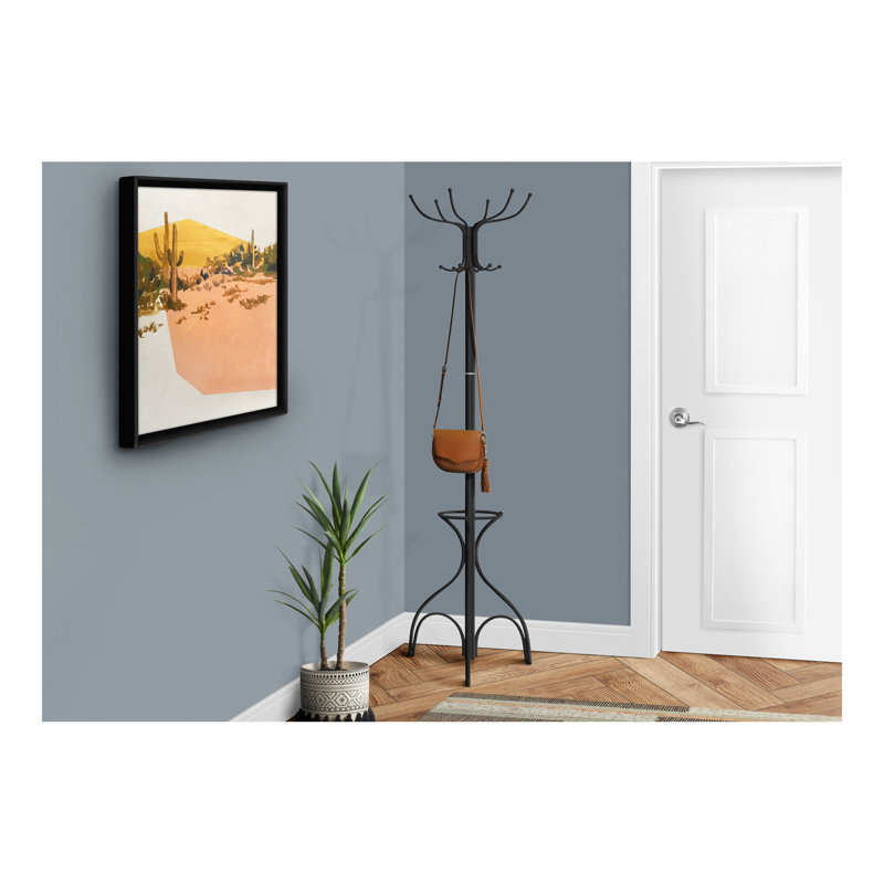Portemanteau autoportant classique avec 12 crochets et porte-parapluies, idéal pour les vestibules et les petits espaces, en métal noir, style transitionnel