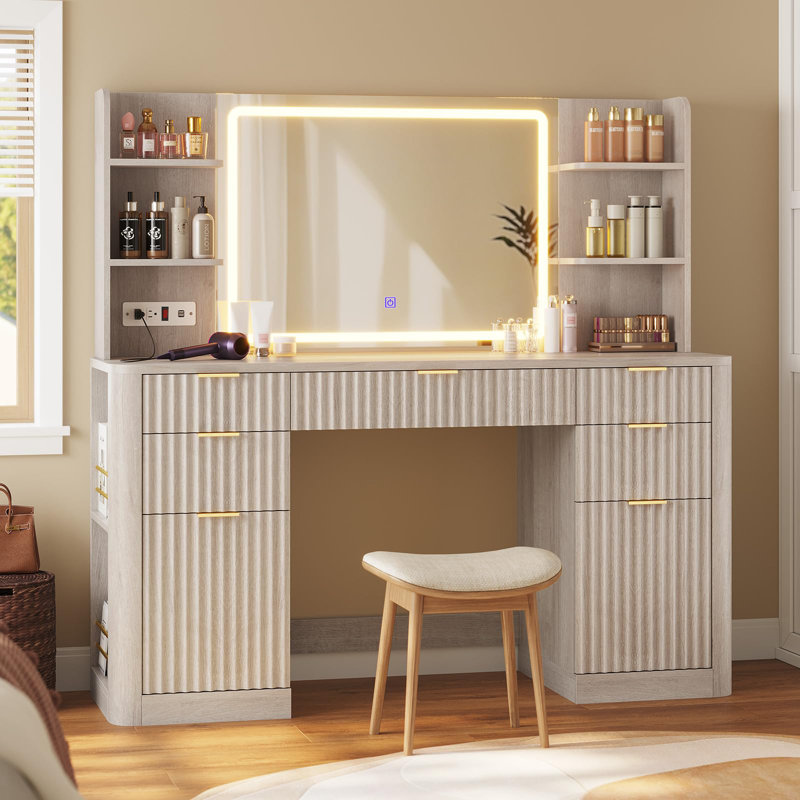 Fluted Makeup Vanity Desk With Large Mirror And Lights, Vanity With Power Strip, 6 Open Shelves, 2 Cabinets,5 Drawer, Modern Dressing Table For Bedroom