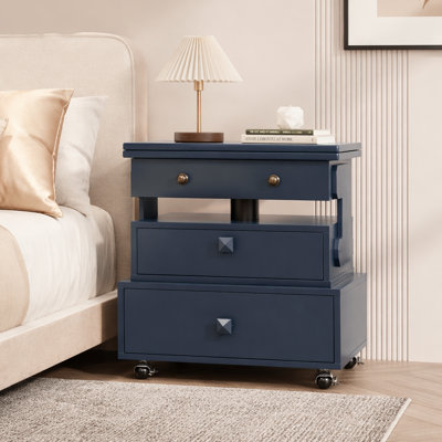 Table de bout roulante à hauteur ajustable laquée ultrabrillante avec station de charge et roues universelles avec freins, table à plateau relevable multifonctionnelle avec tiroirs de rangement pour la chambre à coucher du salon