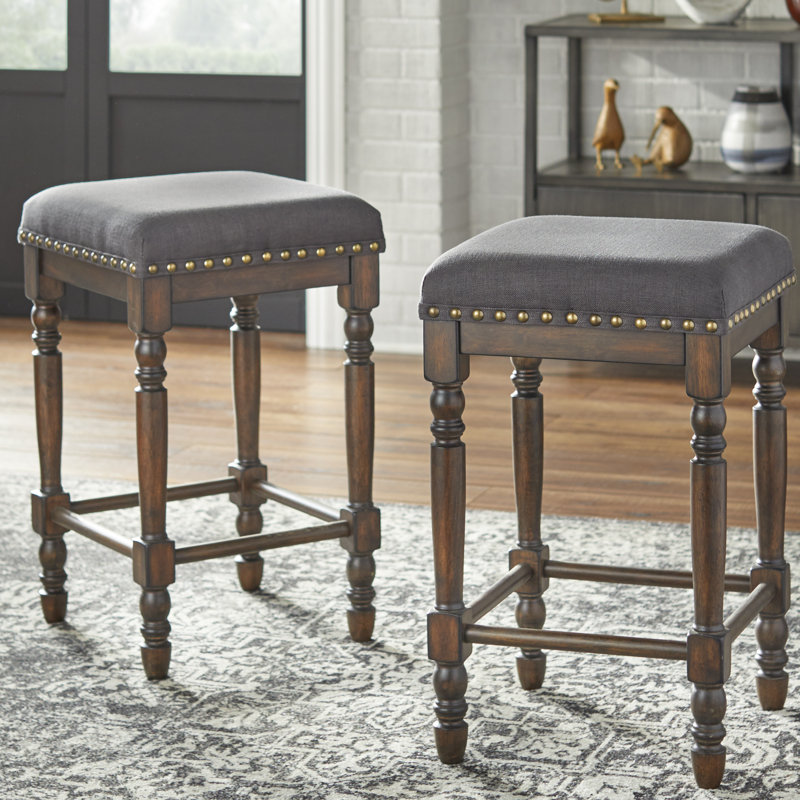 Tabouret de bar et de comptoir Asyiah, Brun rustique avec tissu gris anthracite
