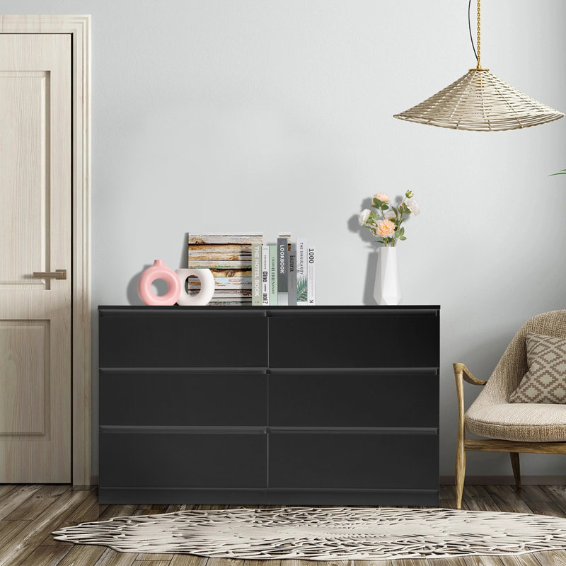 Commode double en bois manufacturé à 6 tiroirs l 55 po Charlan, Noir