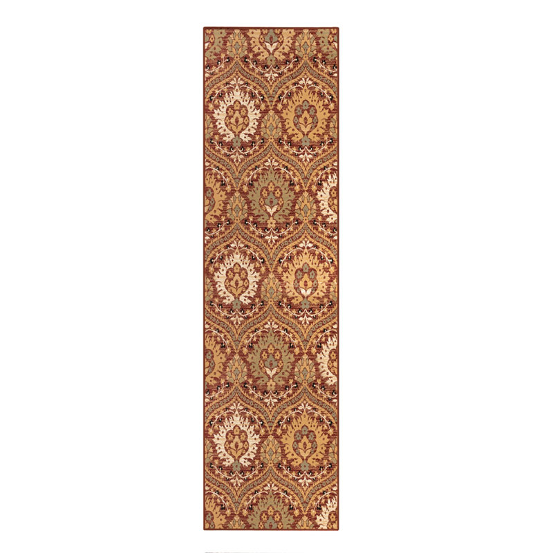 Tapis damassé brun / ivoire tissé à la machine, Tapis de couloir 2 pi 8 po x 8 pi
