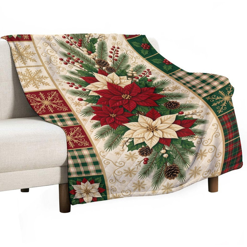 Jeté en flanelle Poinsettia Pinecone Luxury, 60 x 80 po