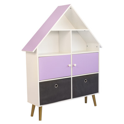 Harper Orchard Violet Dollhouse Storage Organizer & Bookcase With 2 Fabric Bins, Purple/White