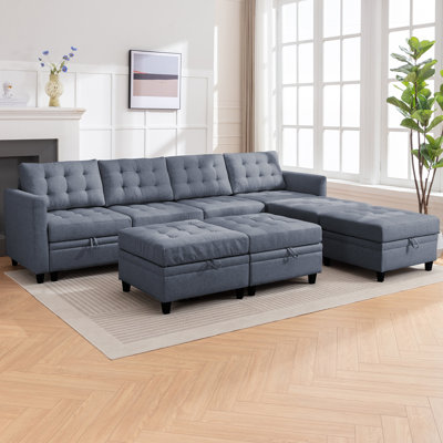 "164" + Canapé modulaire 8 places avec 2 repose-pieds de rangement - 6 sièges + 2 repose-pieds, lin de qualité supérieure, conception extensible