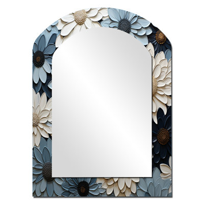 White and Blue zinnias Bounty - Zinnias Asymmetrical Decorative Wall Mirror, White Arch Large Mirror, Printed Metal Art