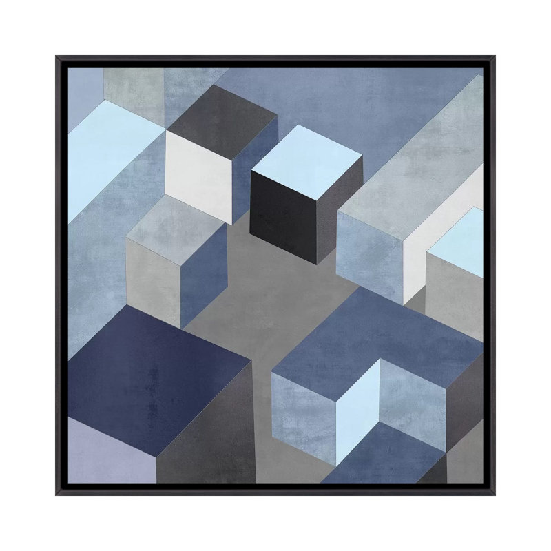 «Cubic in Blue I» par Todd Simmons - impression d'art graphique, H 18 po x l 18 po x 1,5 po, Toile avec cadre noir patiné