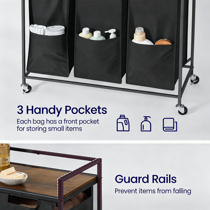 Laundry Sorter,(165 L) Laundry Hamper Basket with 3 Compartments, Rolling Cart with Wheels, Shelf, Removable Bags, Pockets, (Black)