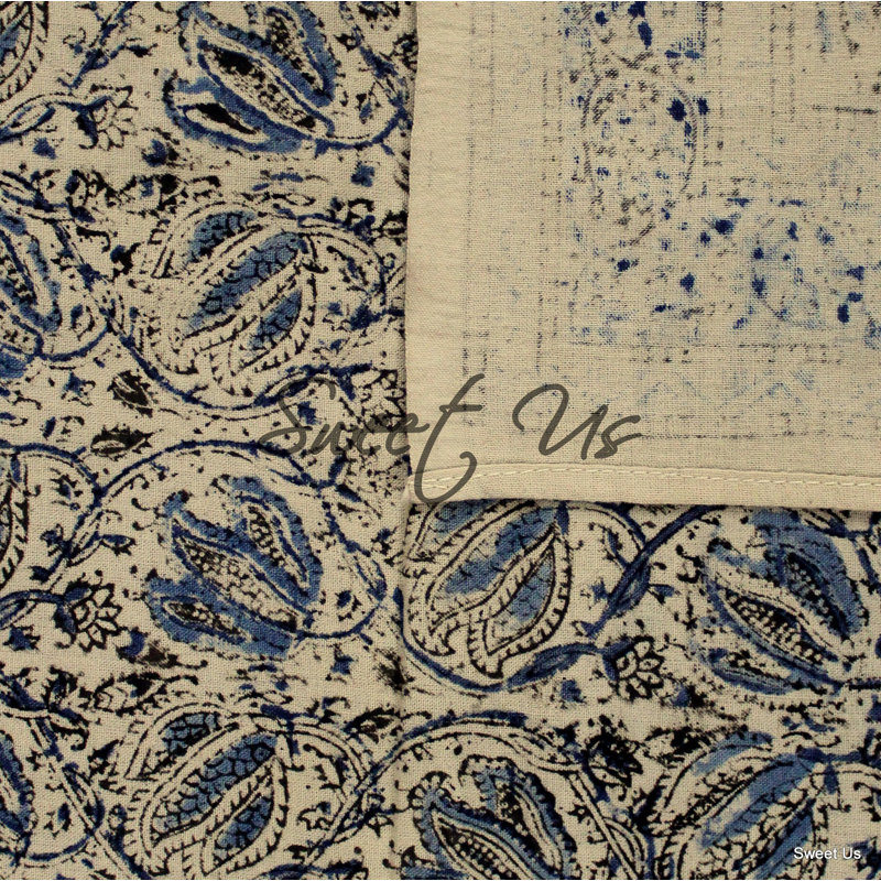 Cotton Vegetable Dye Hand Block Print Floral Tablecloth Rectangle, 104" L x 70" W Rectangle, Blue