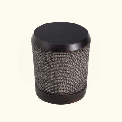 Outdoor Simulated Braided Cord MGO Side Table With Vintage Trim – Indoor Retro Cylindrical End Table For Home & Patio Decor