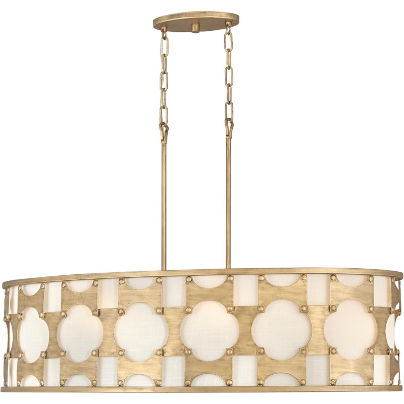 Hinkley Carter 6-Light Linear Chandelier – Elegant Burnished Gold with Textured Off-White Shades