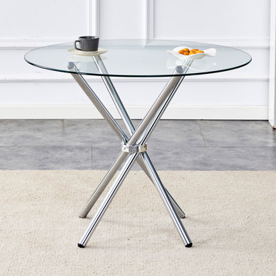 Table de salle à manger ronde en verre transparent avec une forme unique pour 4 à 6 personnes, avec des pieds en métal froncés en forme d'anneau, convenant aux bureaux, aux cuisines, aux terrasses et aux salles à manger.