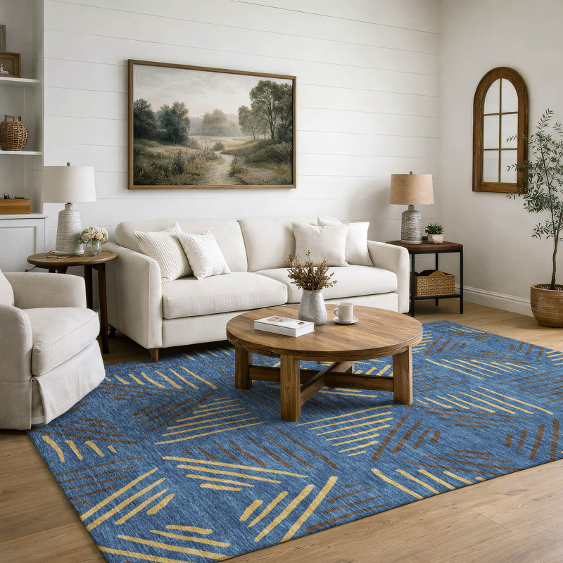 Premium Machine Washable Mayfield AMF2413 Geometric Rug, Navy, 5' x 7'6"