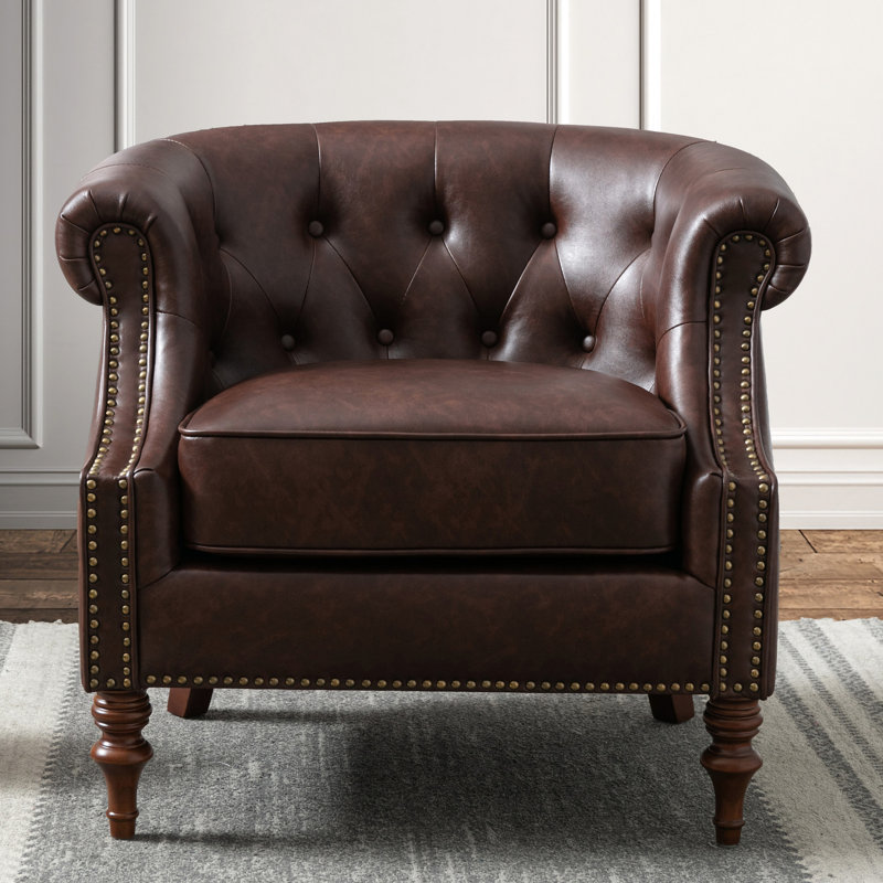 Chaise avec capitonnage à boutons, similicuir brun, style élégant, coussin de siège confortable, siège de fabrication, revêtement en cuir, conception classique, structure amovible