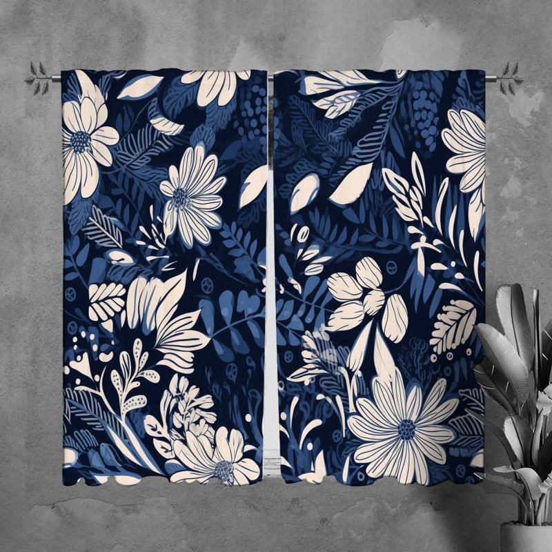 Rideaux de fenêtre à motif floral et drapeaux bleu marine, L 20 po x L 61 po