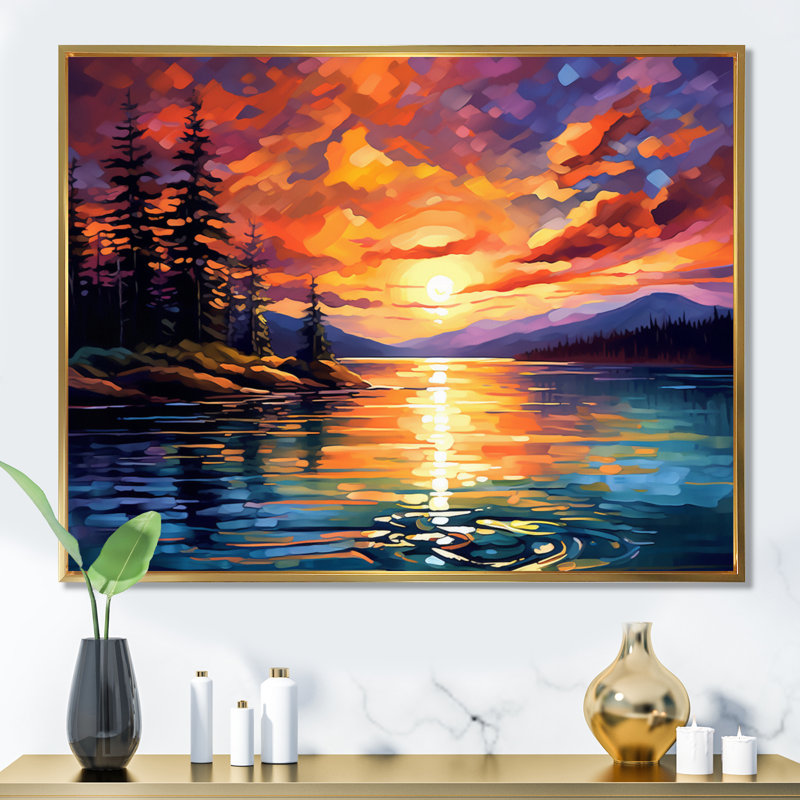 Coucher de soleil avec des reflets colorés IV - art côtier coucher de soleil sur toile, Cadre flottant doré