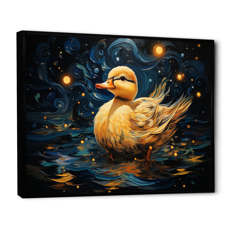 «Yellow Duck Starry Night Wonders», art mural animal canard, Cadre flottant noir, H 24 po x l 32 po x P 1 po