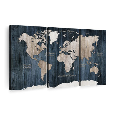 Carte du monde en bois vieilli, ensemble de 3 reproductions sur toiles 3 pièces