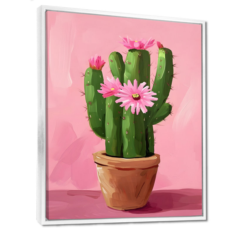 Fleurs de cactus en pot - Art mural floral cactus, Toile encadrée flottée blanche, H 44 po x l 34 po x P 1,5 po