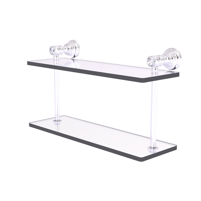 Freyja 2 Piece Glass Tiered Shelf with Towel Bar, 5.6" H x 16" W x 9.2" D, Satin Chrome