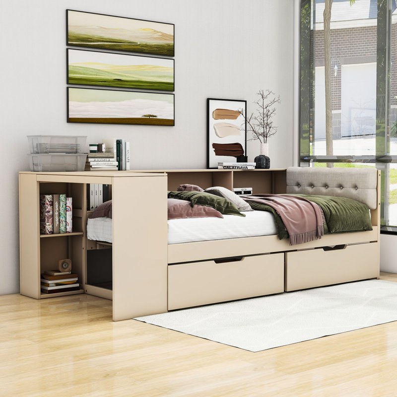 Wooden Daybed with Storage Drawers, Shelves, Charging Station and Upholstered Headboard, Twin, Cream
