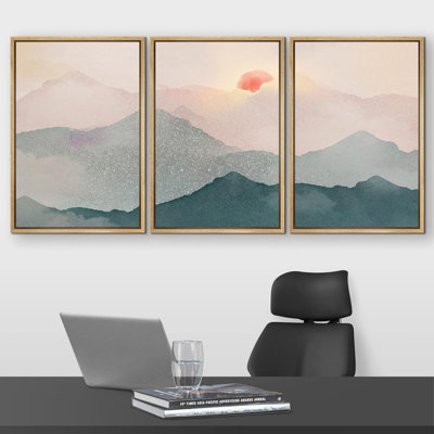 Abstrait paysage pastel bleu sarcelle matin rose montagne nature moderne Art déco paysage zen sur toile 3 pièces