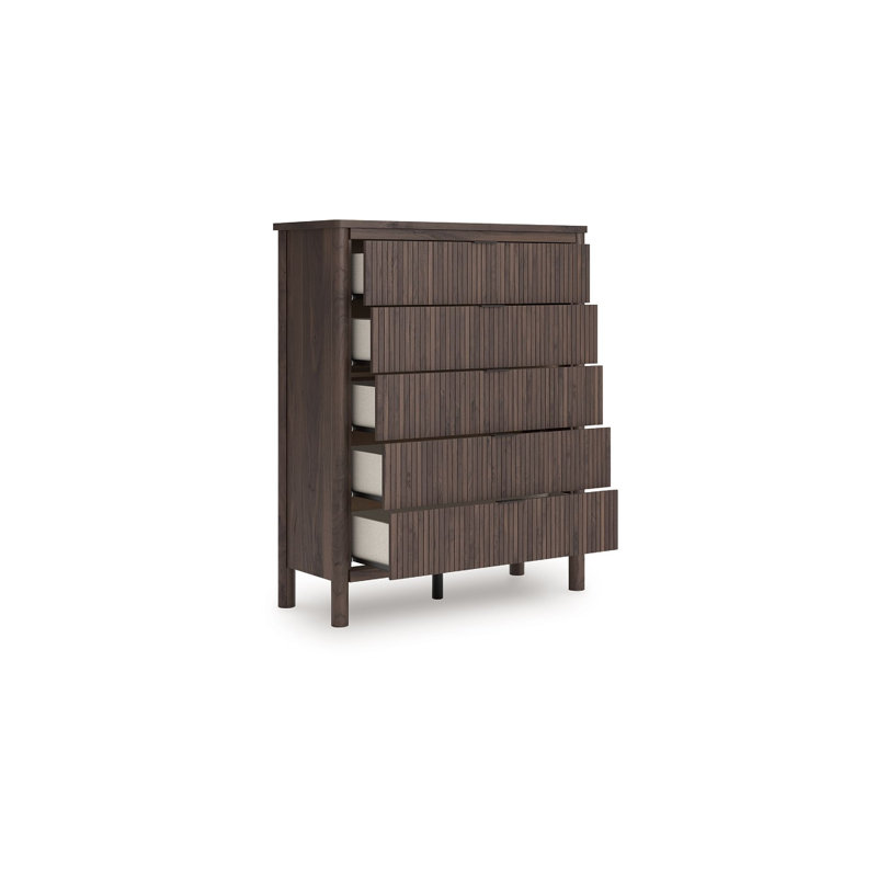 Pemy Tall Dresser Chest, 5 Reeded Front Drawers, Dark Walnut Brown