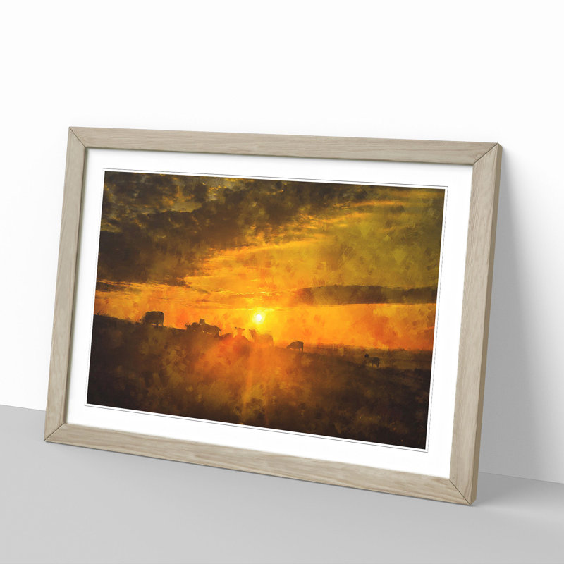 Flock Sheep and Sunset - Picture Frame Graphic Art, Oak Framed, 27cm H x 36cm W x 2cm D
