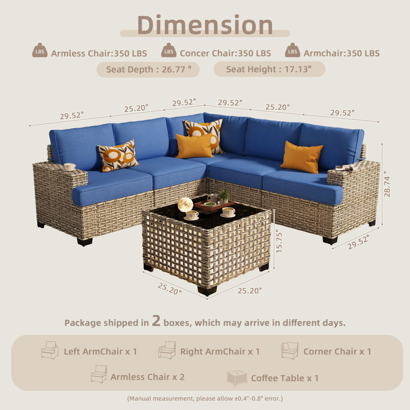 Ensemble modulaire d'extérieur en osier toutes saisons pour 5 personnes avec coussins et table basse à DEL, Marine