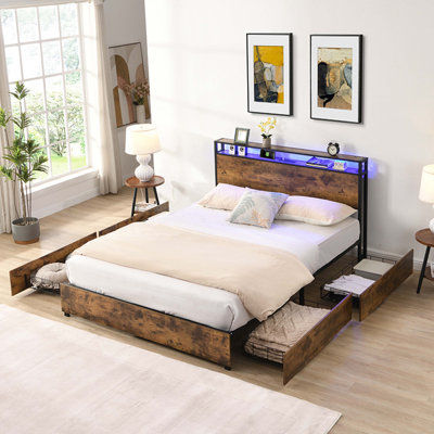 Full Size Bed Frame with Storage Headboard and Charging Station