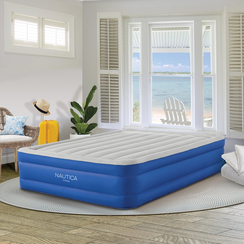 Queen Size Blue and White Inflatable Air Mattress with Built-in Pump