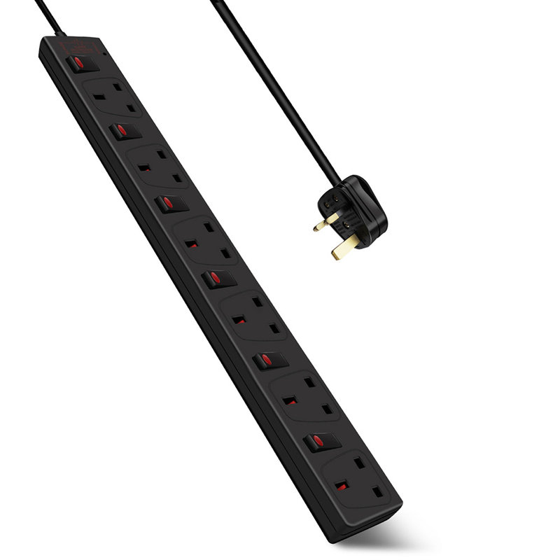 Wall Mounted 6-Way Extension Lead with Individual Switches, 13A Fused UK 3 Pin Plug, 2.5cm H x 43.8cm W x 5.5cm D, Black