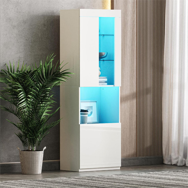 Versatile High Gloss Storage Cabinet With LED Lights, Ideal For Multiple Rooms And Storage Needs., White