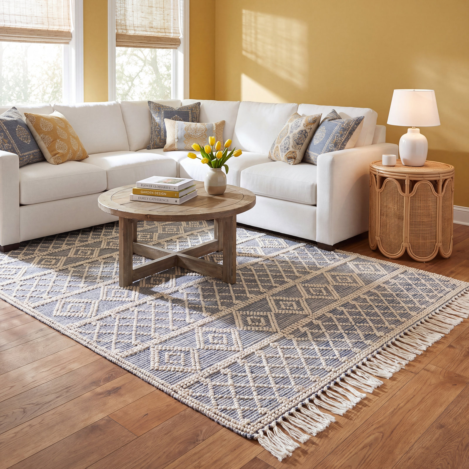 Beige Light Blue Hand-Woven Geometric Rug, Rectangle 3'6" x 5'6"